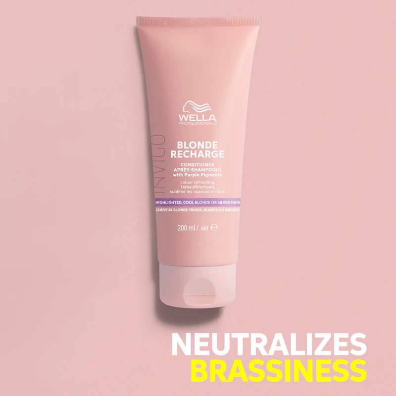 Wella Professionals Invigo Blonde Recharge violets kondicionieris, kas neitralizē dzeltenos toņus.