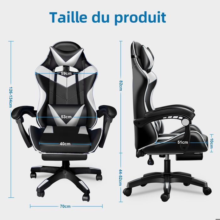 Silla gaming ergonómica con función de masaje, soporte lumbar, reposacabezas y reposapiés, altura regulable e inclinación de 90° a 135°.