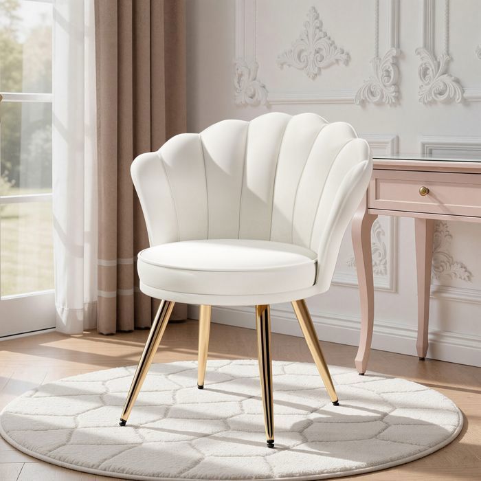 HAWTHYHOME Velvet Lounge Chair, Moderne Design Lænestol, Polstret Sminkestol, Guldmetalben, Hvid
