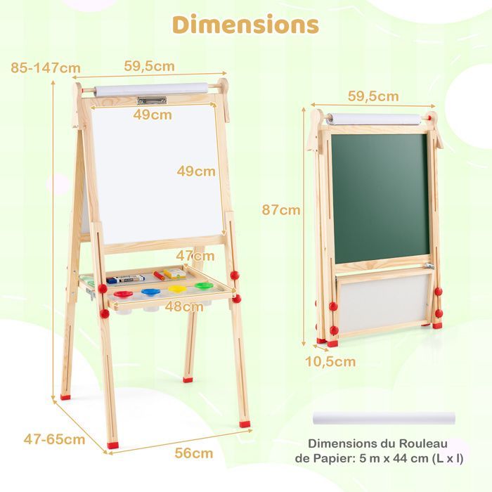 COSTWAY Kindertekenset met 88 accessoires, 2 zijden (wit en zwart), 1 rol papier, houten schildersezel, leeftijd 3-14