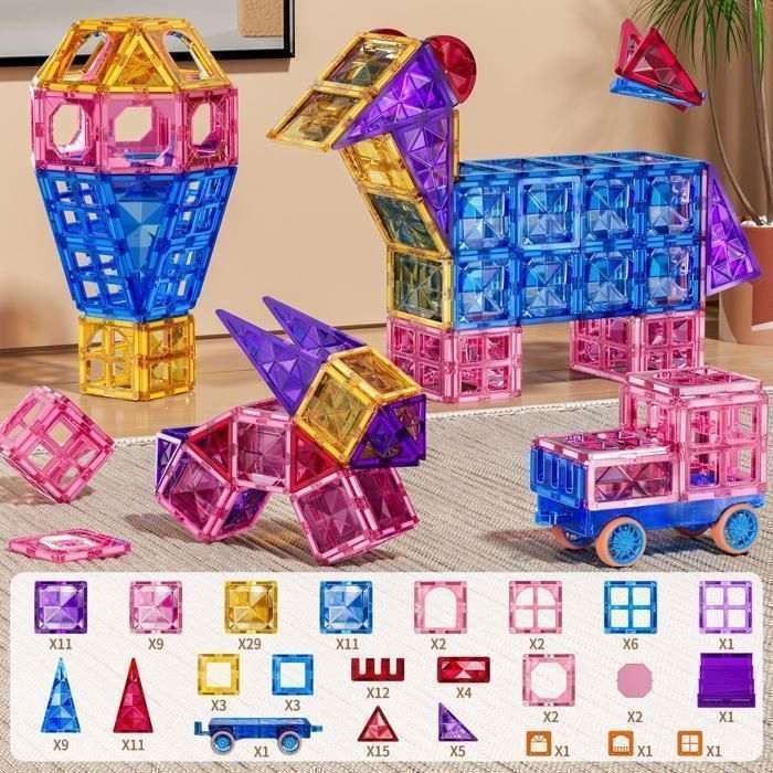 KUKUFUN Blocs magnétiques 142 pièces STEM éducatif 3-8 ans avec voiture ABS sûr