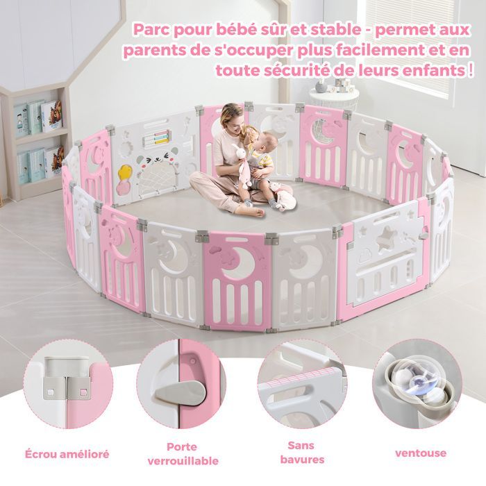 Baby Playpen 16+2 Panels, XXL Modular Playpen with Safety Lock, Adjustable Shape, Foldable, Baby Gate, Pink