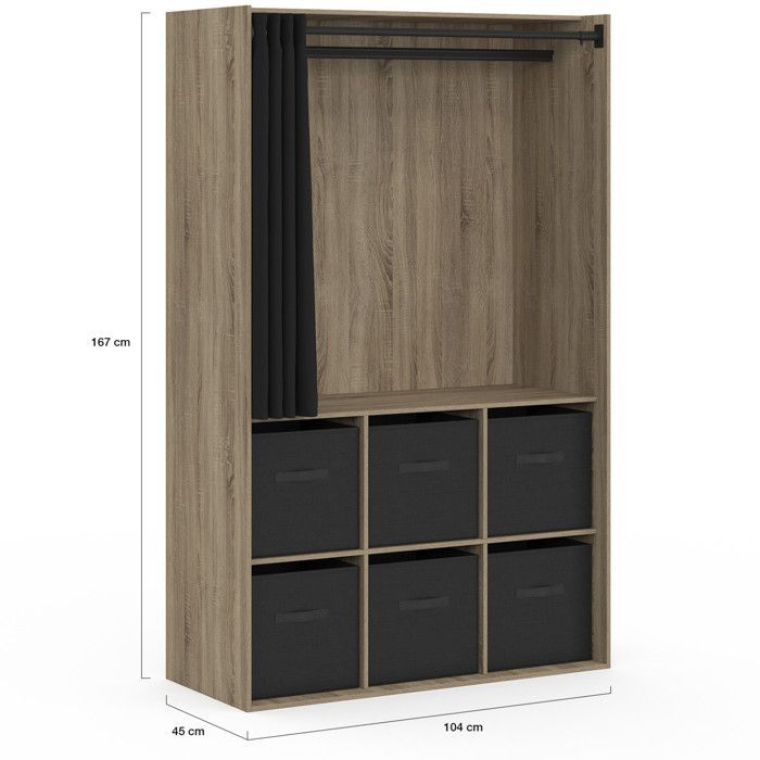 IDMARKET DIANE Wardrobe 104 x 50 x 172 cm Beech with 6 Storage Boxes + Black Curtain