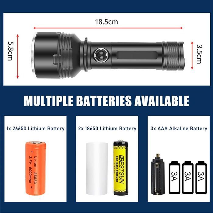 Linterna de buceo, linterna subacuática para buceo, superbrillante de 5000 lúmenes con 3 modos, con batería 26650 y cargador.