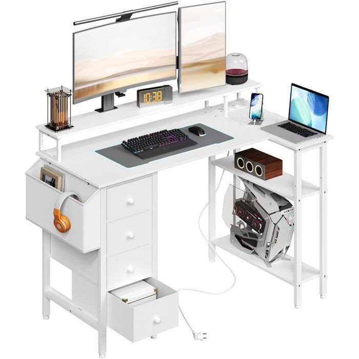 YAHEETECH 120cm Reversible L-Shaped Gaming Desk with Monitor Stand, 4 Drawers and USB Ports, Wooden Design for Work and Gaming, White