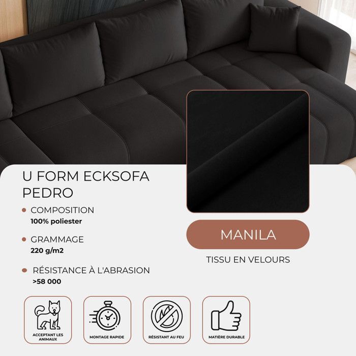 Canapé d'angle Panoramique PEDRO IDOHOME 7 places convertible coffre velours anthracite