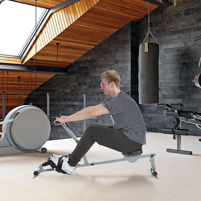 Máquina de remo hidráulica - HOMCOM - 12 niveles de resistencia, pantalla LCD, pedales antideslizantes, para gimnasio en casa - Acero - Negro