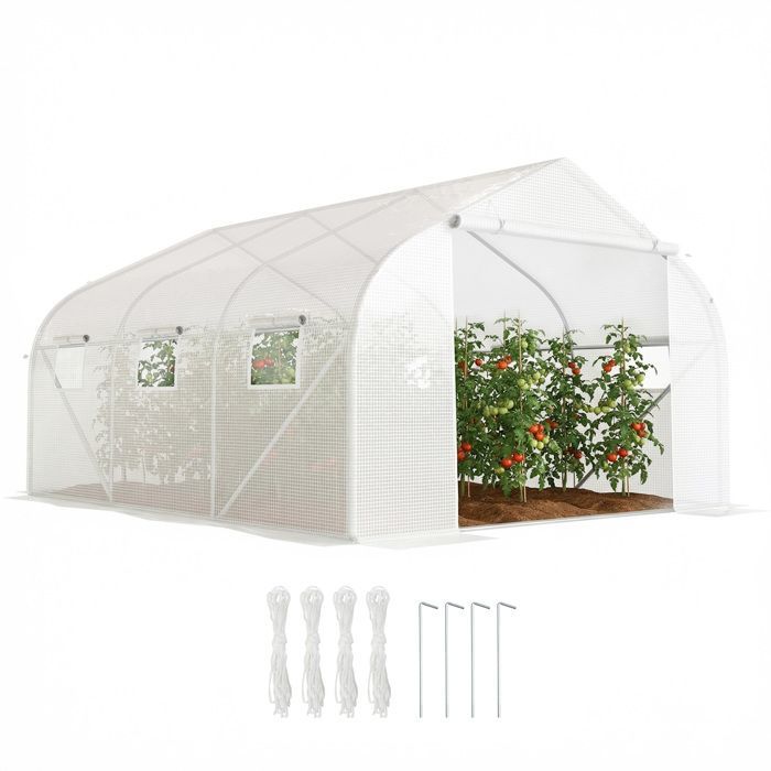 Invernadero tipo túnel Outsunny - 13,35 m² con 6 ventanas, estructura de acero galvanizado, cubierta de PE - 4,5x3x2m - blanco