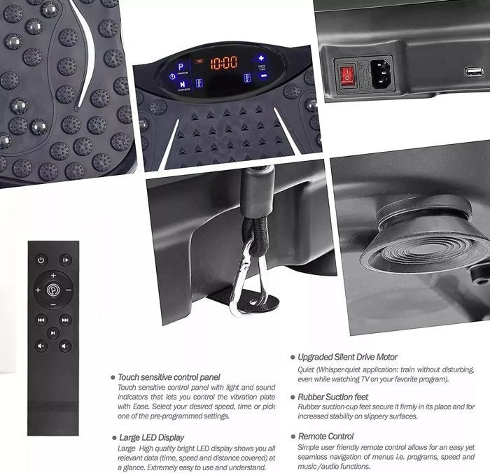 Vibro Fitness Vibrationsplade med LCD-skærm - Motionscykel Body Shaper Fitness Træningsmaskine - 5 TILSTAND Sort