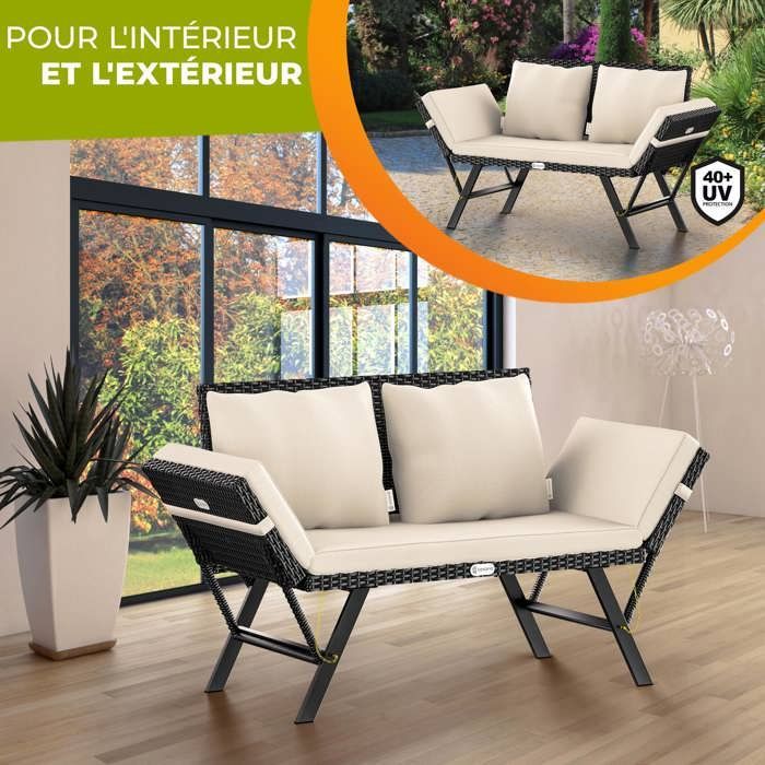 Tuinbank van polyrotan met chaise longue-functie en verstelbare armleuningen, geschikt voor gebruik buitenshuis in de tuin, op het terras, balkon en als loungebank.