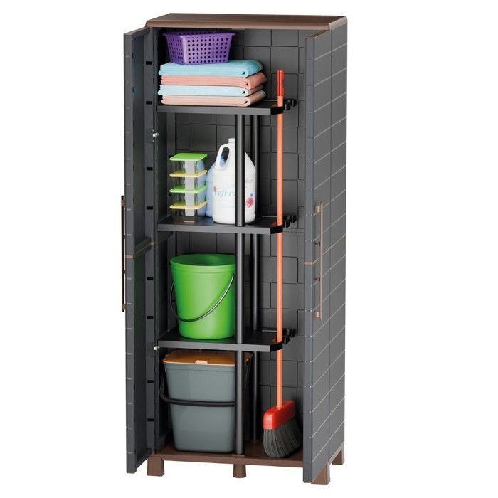 Broom cupboard + 3 removable shelves, anthracite, 68 x 37 x 169 cm - Broom cupboard, 60kg load capacity, garage/laundry room, ArtPlast