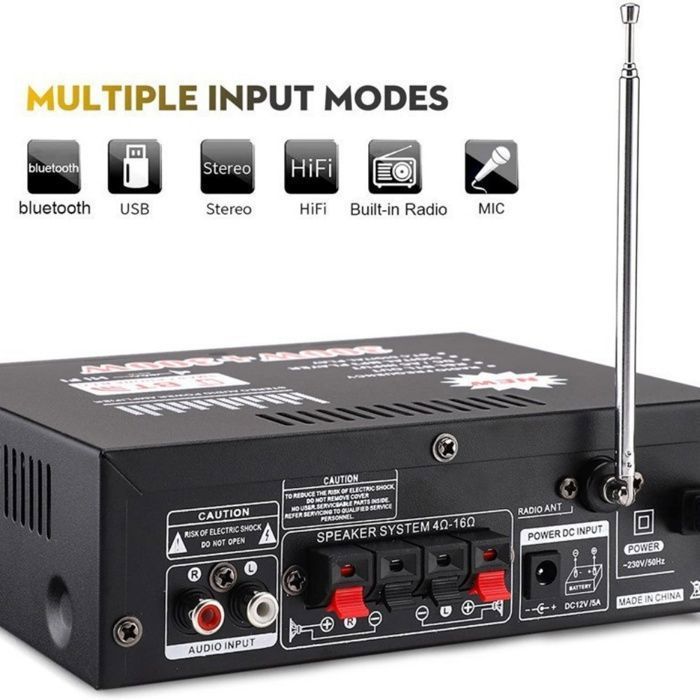 Amplificador HiFi, Bluetooth 5.0, micrófonos duales, 2 canales, múltiples interfaces, con control remoto, negro.