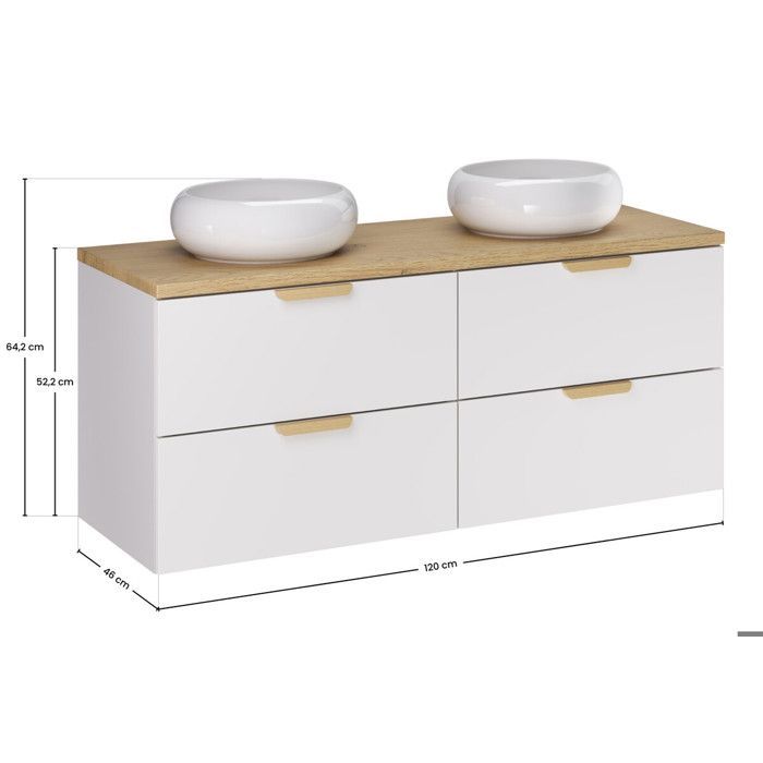 Ensemble meuble et deux vasques Wiki 120 cm ASTER blanc avec plan en chêne