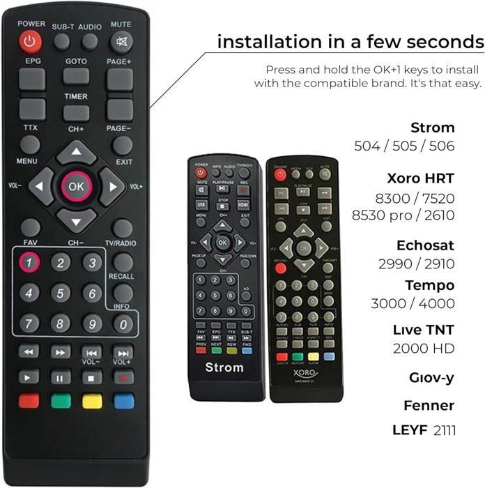 7-in-1 yleiskaukosäädin, joka on yhteensopiva digitaalisten maanpäällisten DVB-T-vastaanottimien kanssa: Strong, Engel, Metronic, Strom, LiveTNT, Xoro
