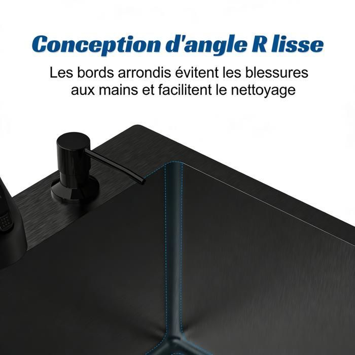 Fregadero de cocina de acero inoxidable de 80x45 cm – FIANAO – un solo seno – revestimiento nano – drenaje rápido X – grifo extraíble + accesorios