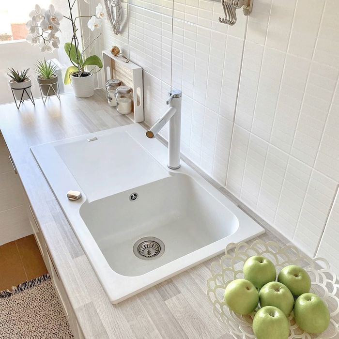 Smooth sink, reversible, 1 bowl, 1 drainer, white resin, Essebagno