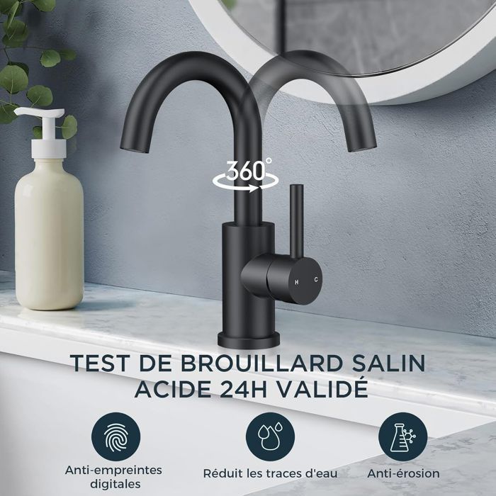 Grifo monomando para lavabo de baño con giro de 360° y suministro de agua fría y caliente.