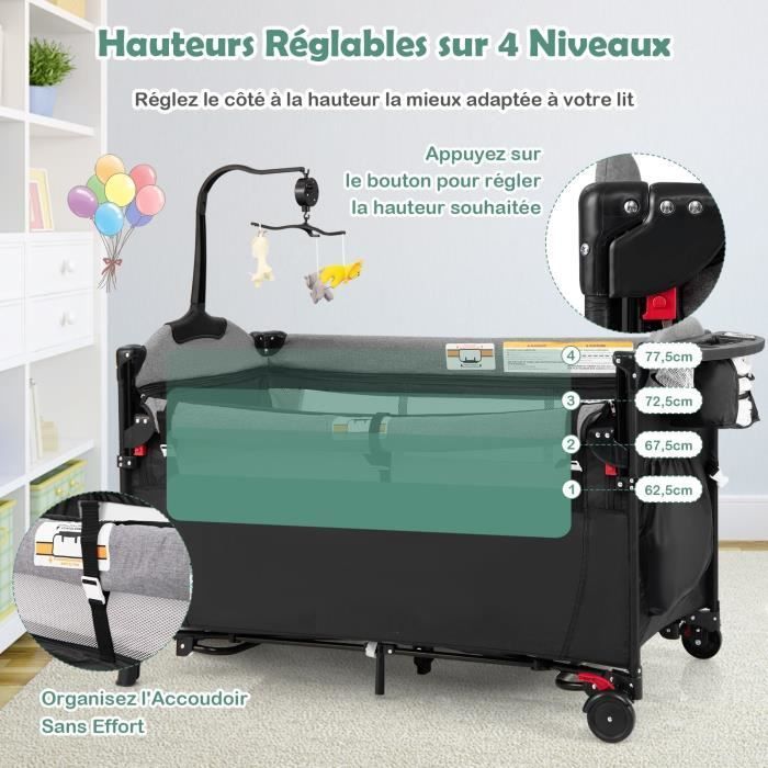 Cuna de viaje plegable 5 en 1 DREAMADE para bebé con cambiador, colchón, altura ajustable, juguete colgante y caja de música, color negro.