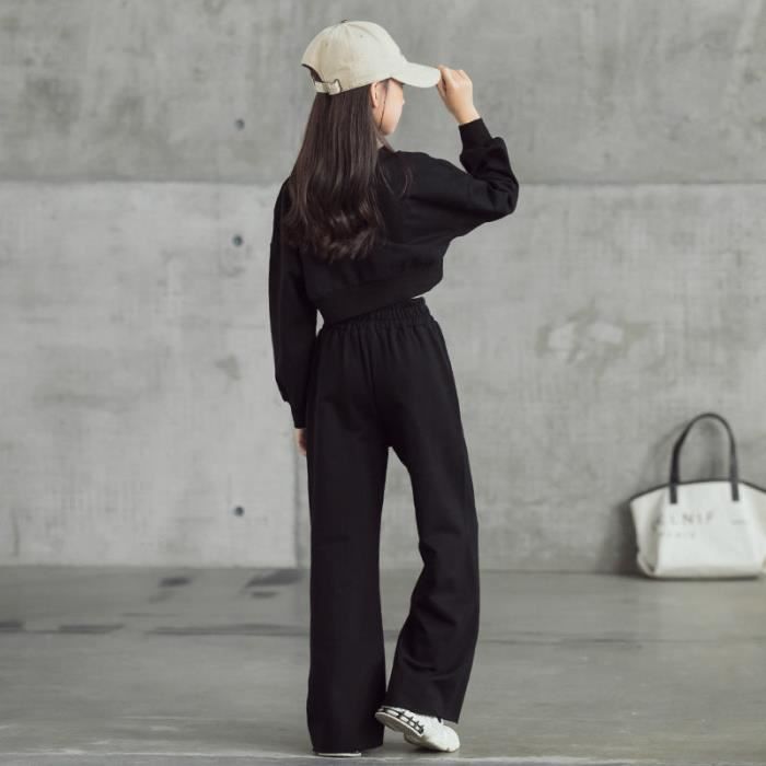 Conjunto deportivo de 2 piezas para niña: Top corto + Pantalones de pierna ancha, Negro