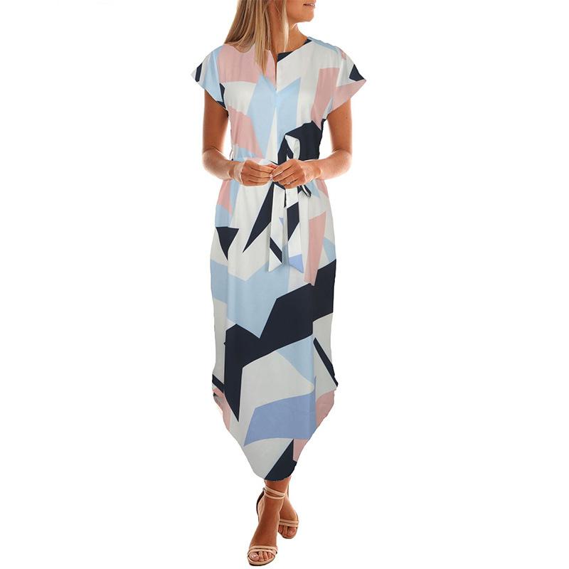 Robe d'été 2020 à col en V et imprimé floral, coupe trapèze, manches courtes, mi-longue, style décontracté, avec ceinture.