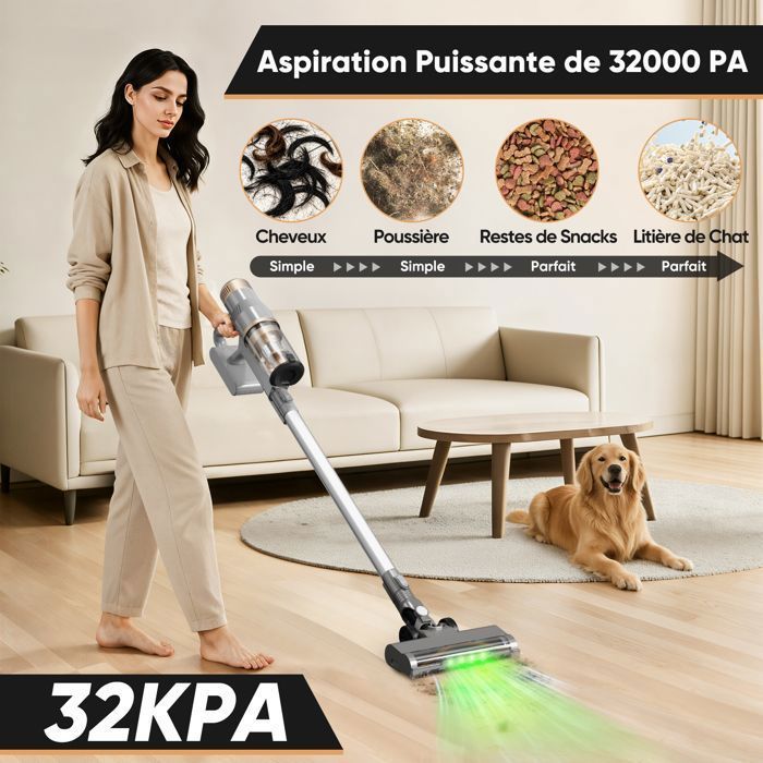 Aspirapolvere senza fili LAMZIEN V12PRO - 32 kPa - Autonomia 40 min - Anti-groviglio - Luce LED verde - Autoportante