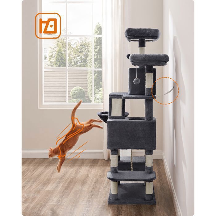 FEANDREA Cat Tree, Large Play Tower, 168cm High, 13 Scratching Posts, 1 Scratching Board, 2 Platforms, 2 Caves, Dark Grey