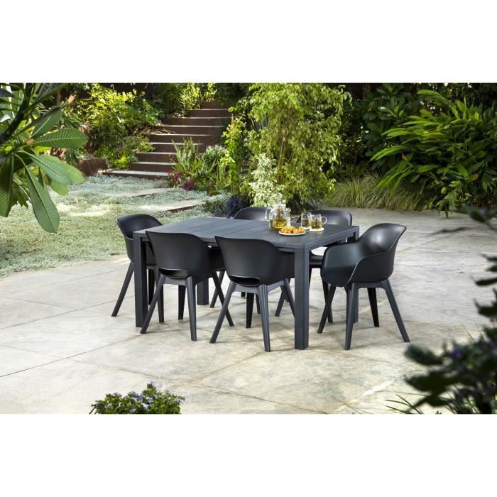 Mesa de jardim retangular, cinza grafite, resina com acabamento em madeira, acomoda de 4 a 6 pessoas, modelo Julie, da marca Allibert, fabricada pela KETER.