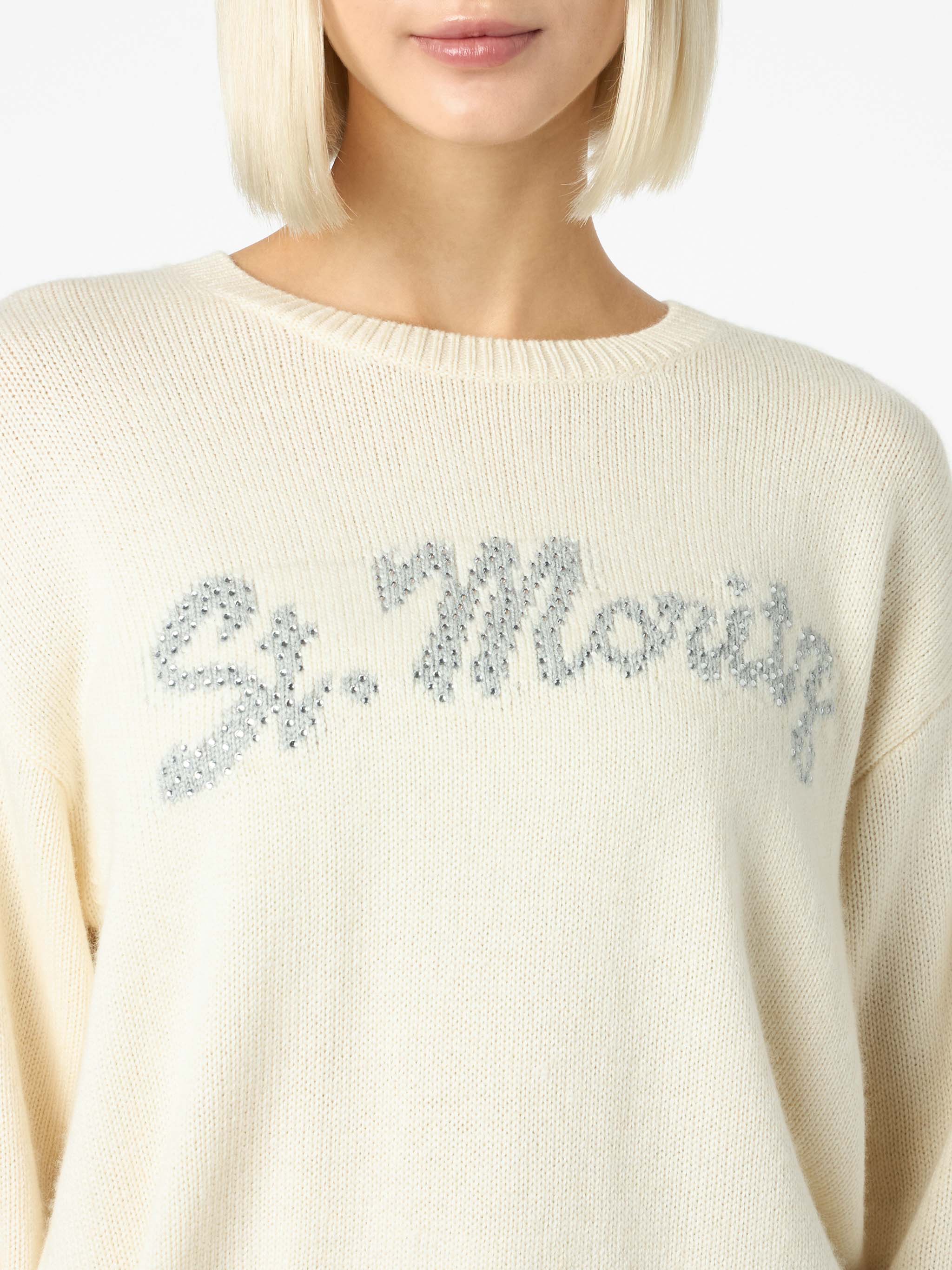 Maglione da donna bianco Louise con decorazioni in strass St. Moritz |