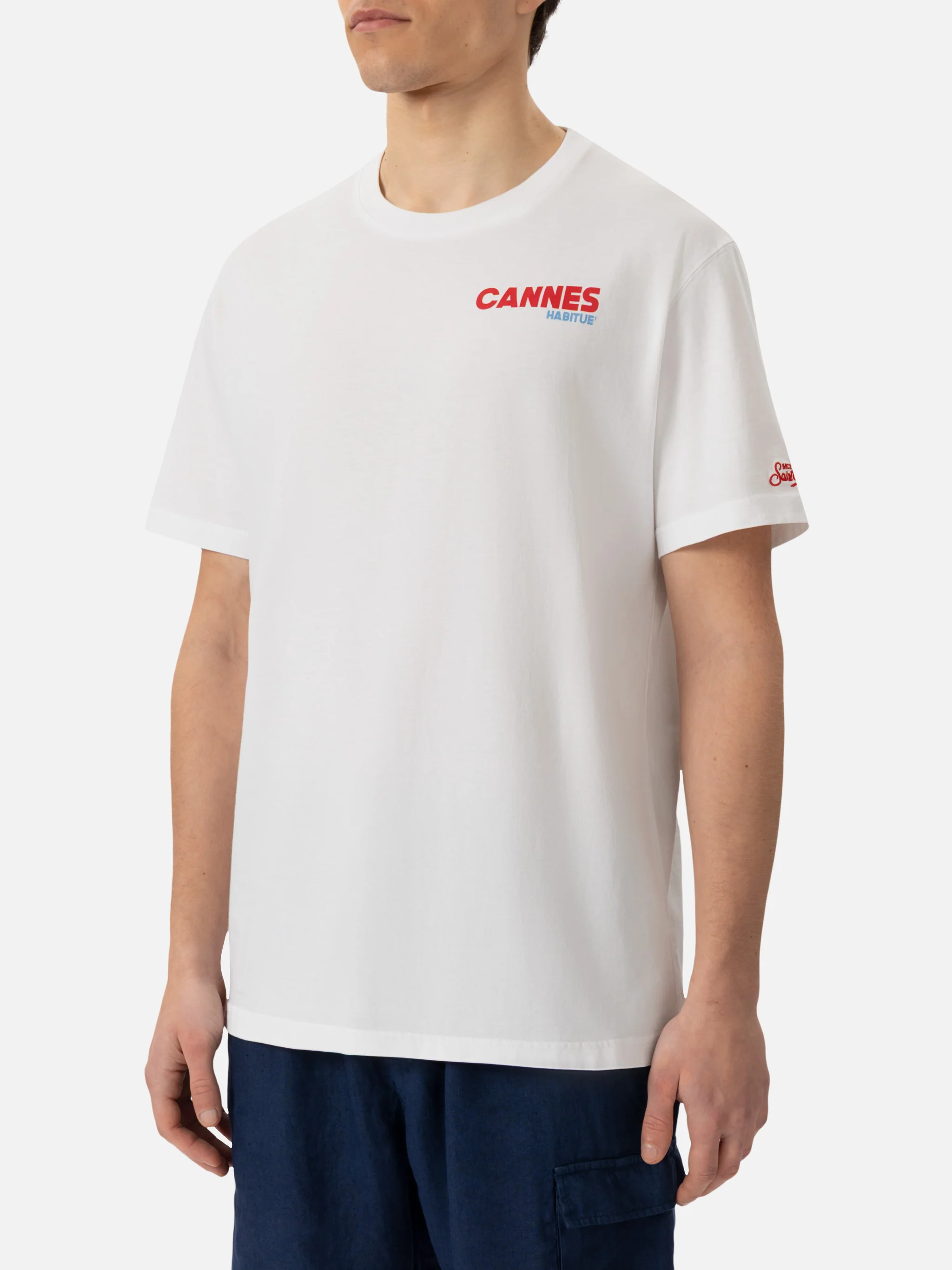 T-shirt voor heren van biologisch katoen met print van een ansichtkaart van Cannes.