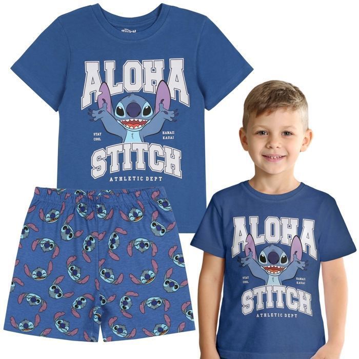 Pijama de dos piezas de algodón con manga corta de Disney Stitch para niño, ideal para el verano, 98 cm.