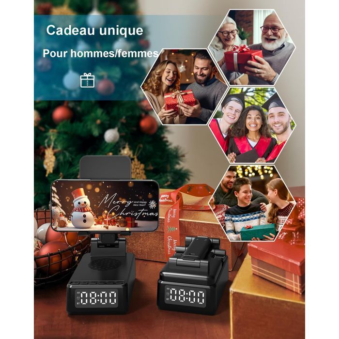 Altavoz Bluetooth 5 en 1: despertador, cargador inalámbrico, soporte plegable, carga de 1500 mA y 15 W. Idea de regalo de cumpleaños para hombres.