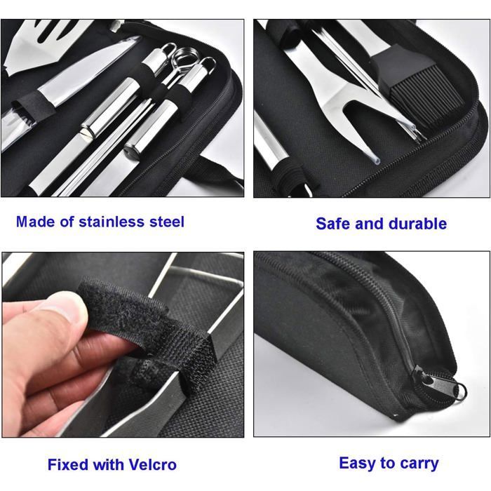 Utensilios para barbacoa - Utensilios de acero inoxidable para barbacoa - Kit de accesorios para barbacoa portátil con estuche de transporte