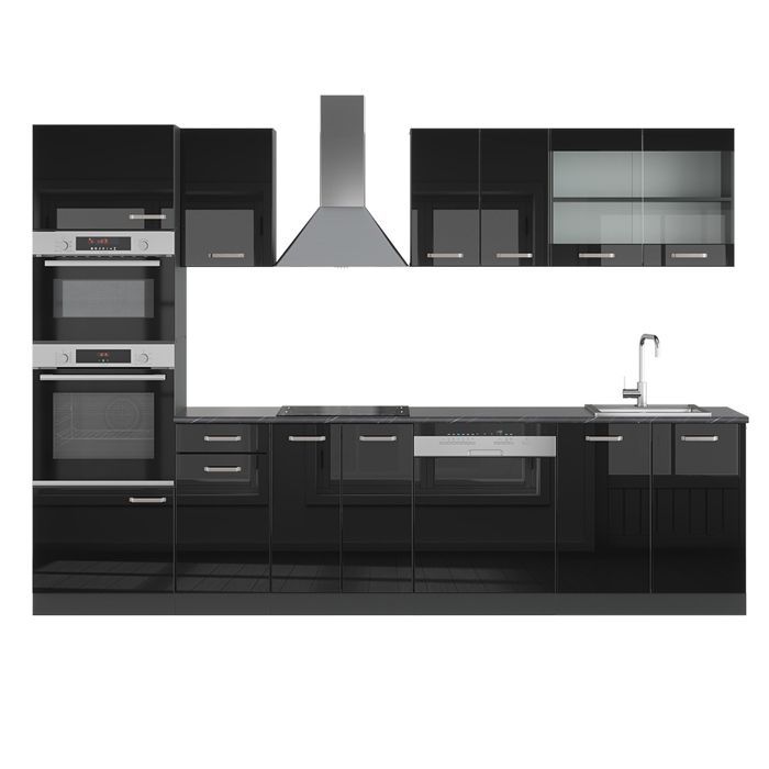 Cuisine R-Line 300cm avec armoire haute, sans PT Noir Haute brillance Anthracite Vicco 40962