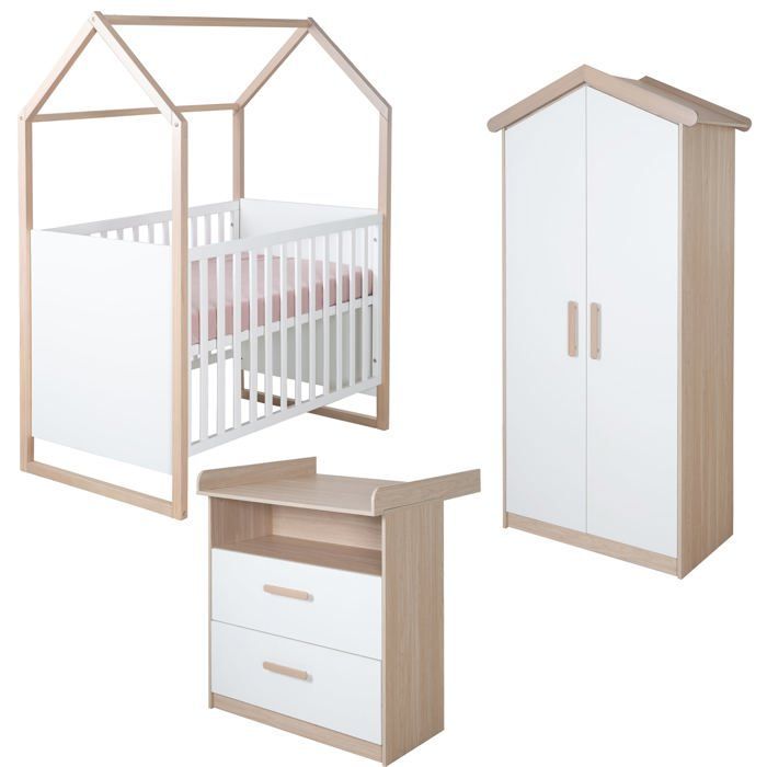 Conjunto completo de dormitorio infantil: cuna de 60 x 120 cm + cambiador convertible + armario - CABANE - ROBA - Roble / Blanco