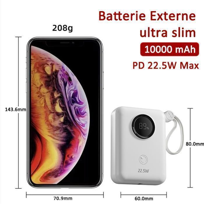 Bateria externa d-Power de 10000mAh com LED, mini power bank, carregamento rápido PD de 22,5W, 2 saídas USB/USB-C, 2 cabos Lightning/USB-C, carregador portátil.