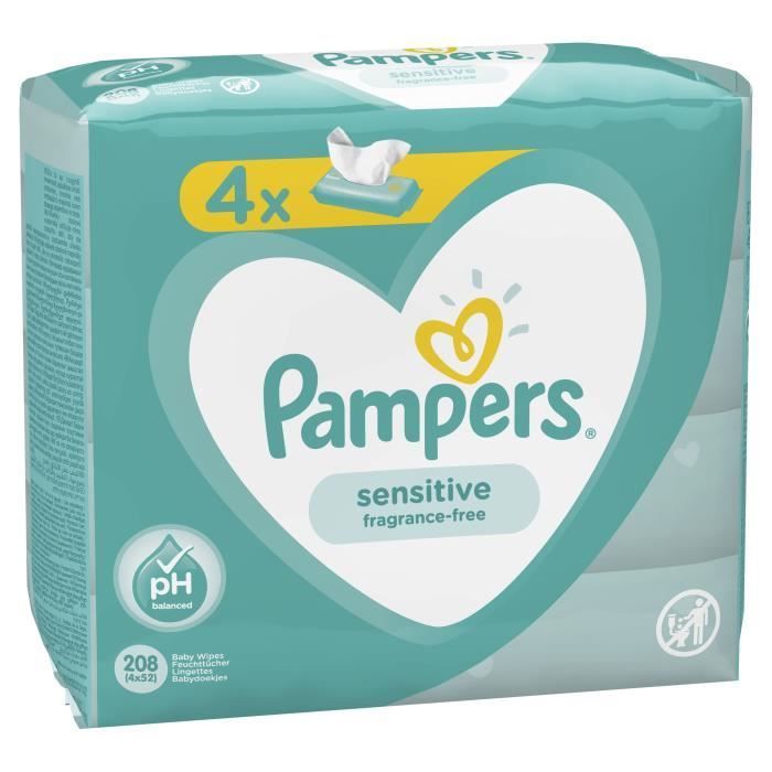 PAMPERS Lingettes bébé SENSITIVE - Lot de 4 x 52 lingettes - 208 lingettes
