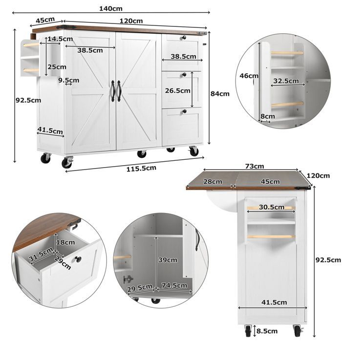 Carrello da cucina - Isola estensibile - 2 ante - 3 cassetti - Beige - Portata massima 75 kg