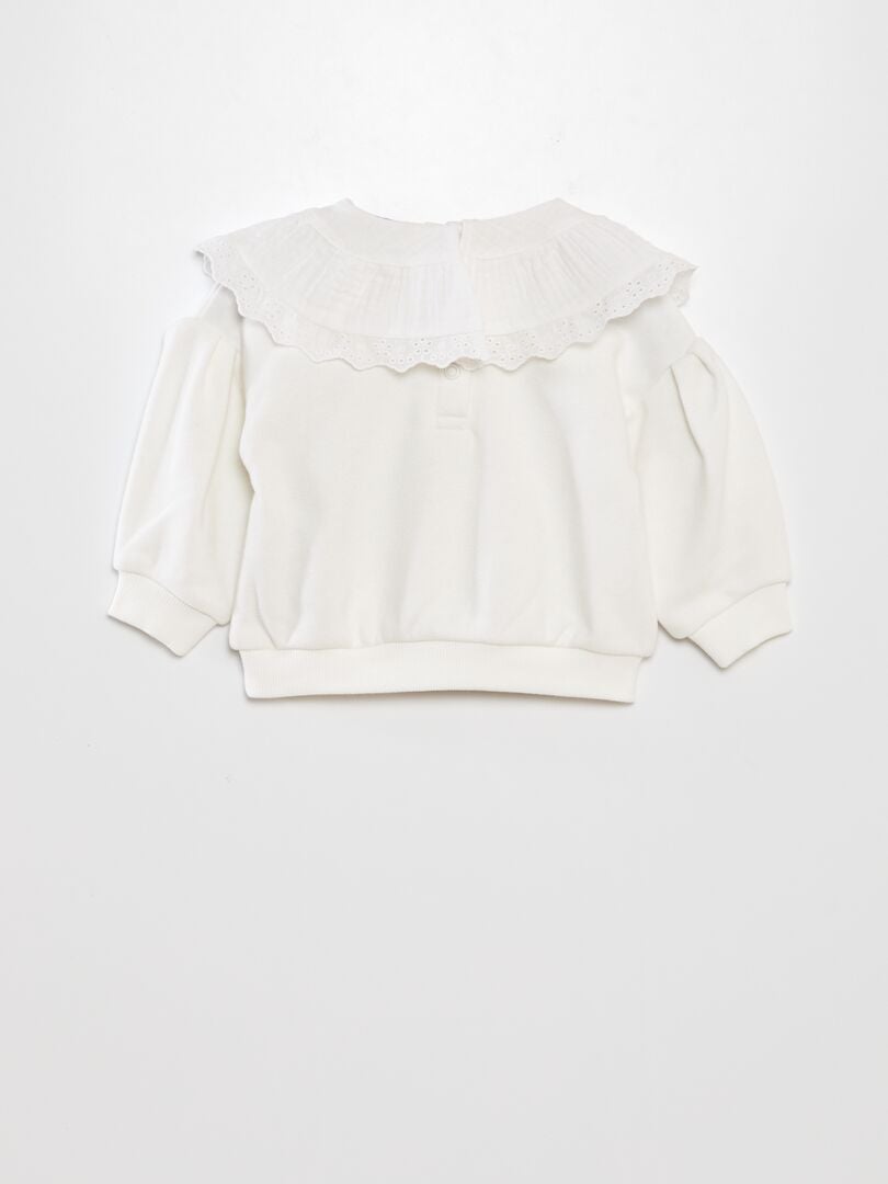 Sweatshirt met brede kraag van katoenen gaas + borduurwerk - WIT