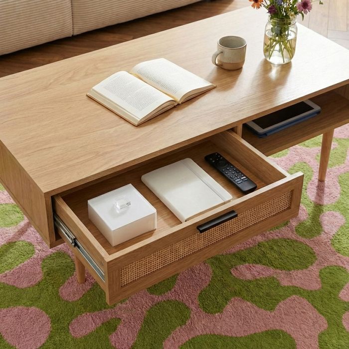 Mesa de centro AMANA con efecto roble y estructura de ratán, 115 cm - Madera