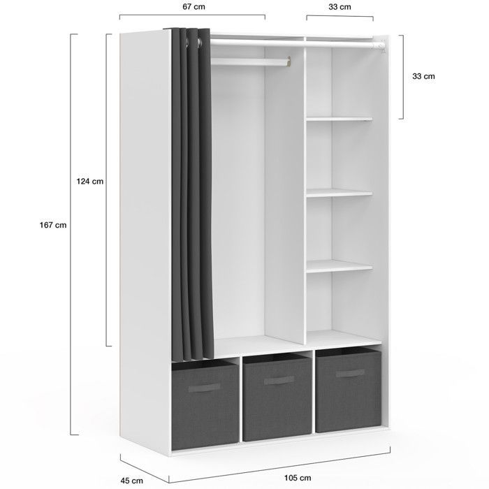 IDMARKET DIANE wardrobe 105 x 45 x 167 cm white with shelves + storage boxes + grey curtain