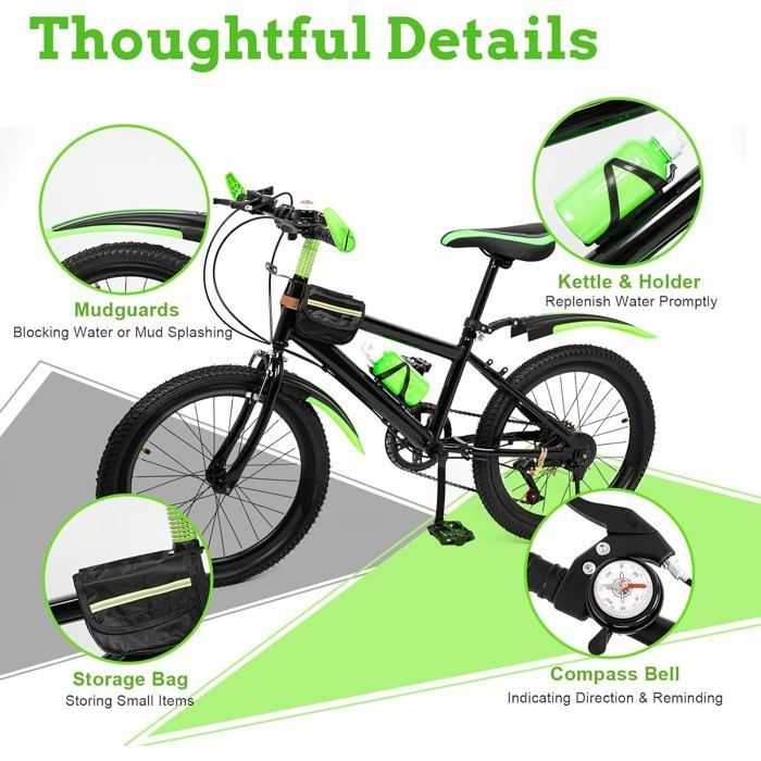 VTT 20 pouces pour garçon, VTT réglable avec garde-boue, porte-gobelet à eau, capacité de charge 85 kg,  pour garçons et filles