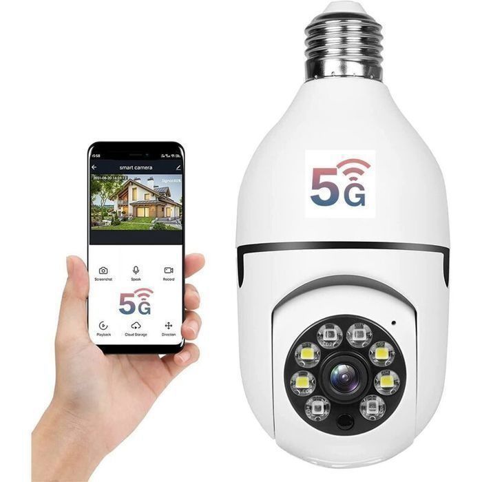 Caméra ampoule WiFi 360 degrés extérieure, 2,4 GHz et 5 GHz WiFi ampoule caméra, caméra de sécurité sans fil WiFi 1080P