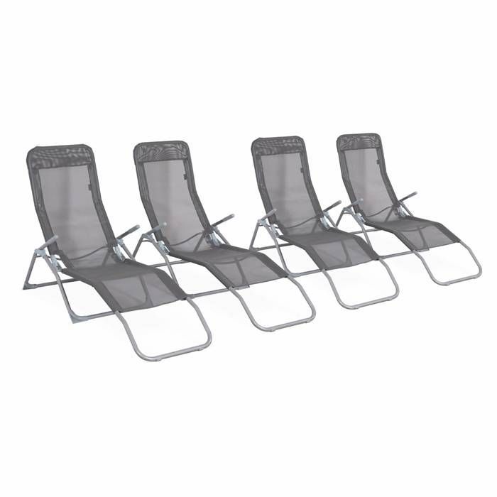 Lot de 4 bains de soleil pliants - Levito Anthracite - Transats textilène 2 positions. chaises longues