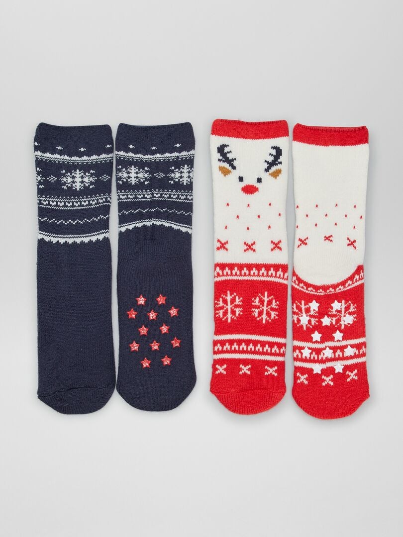 Conjunto de 2 pares de pantuflas navideñas tipo calcetín - ROJO