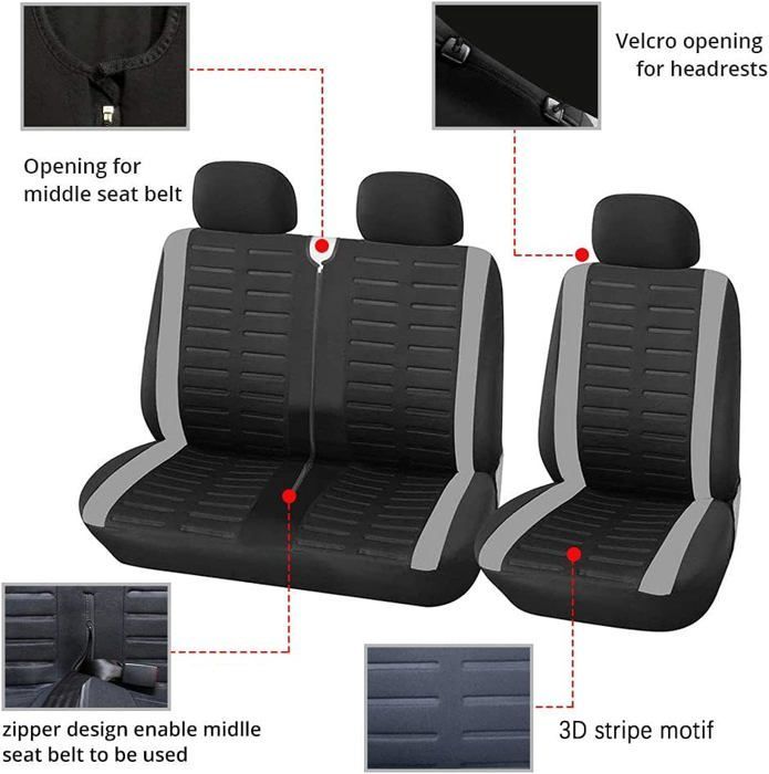 Funda para asiento de coche, ajuste universal para la mayoría de camiones, furgonetas y autobuses, asientos delanteros 1 + 2 (3 asientos), gris.