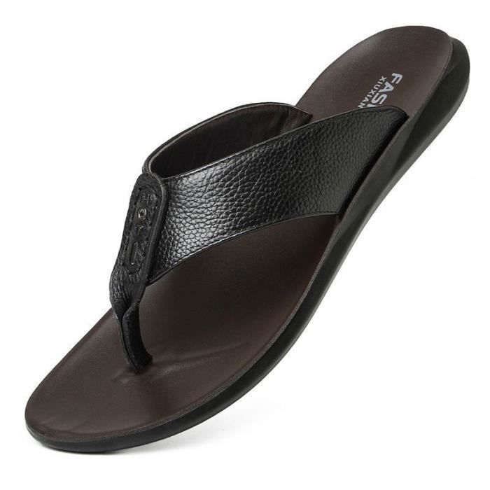 Tongs Homme,38-44EU Tong Homme en Cuir de Plage Piscine,Tongs Homme été Antidérapante de Douche Piscine Plage-Noir