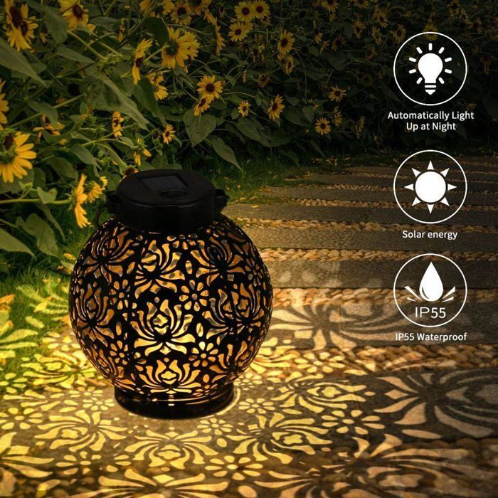 Solar lantern, waterproof outdoor LED solar garden light, decorative hanging metal solar-powered lantern, black
