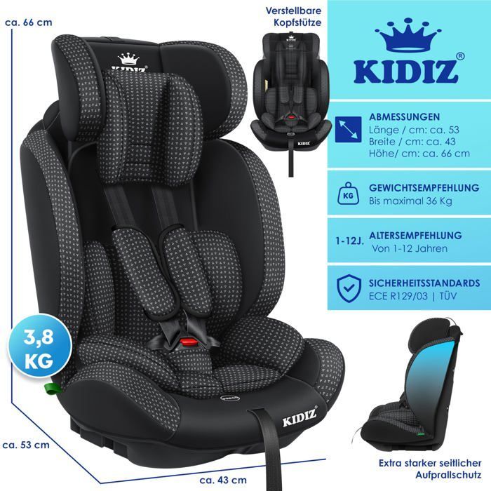 KIDIZ® Child and Baby Car Seat 9-36 kg Group 1+2+3 5-Point Safety Harness Adjustable Headrest ECE R129/03 Black