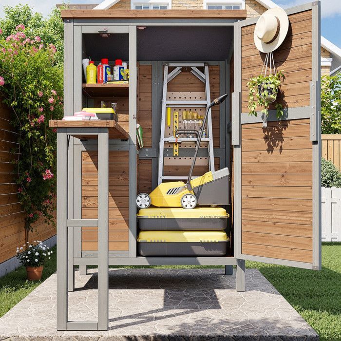160 cm hoher, wasserfester Gartenschrank aus Tannenholz mit ausziehbarer Arbeitsplatte und verstellbaren Einlegeböden für Gartengeräte