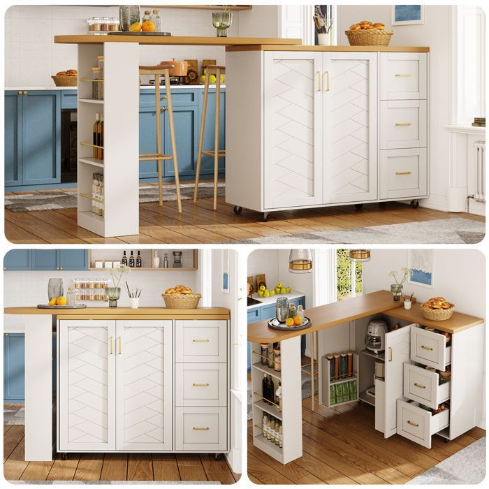 Buffet Cuisine,Îlot de Cuisine Extensible 135-228×39×104 cm,Avec 2 Portes 3 Tiroirs,Plateau Finition Bois, Roulant,Blanc
